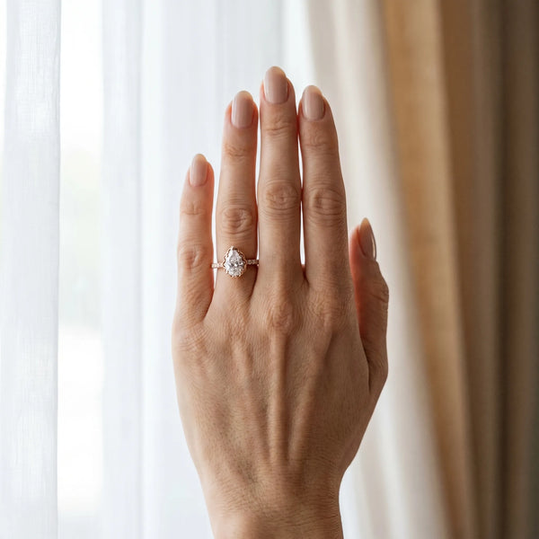 Rose gold Pear Diamond Solitaire Ring with Shared Prong Pavé Band