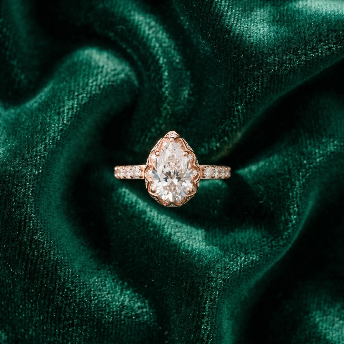Rose gold Pear Diamond Solitaire Ring with Shared Prong Pavé Band_69
