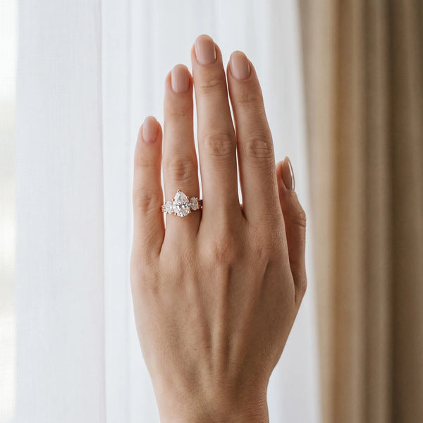 Rose gold Pear Diamond Three-Stone Ring with Prong Setting and Textured Band