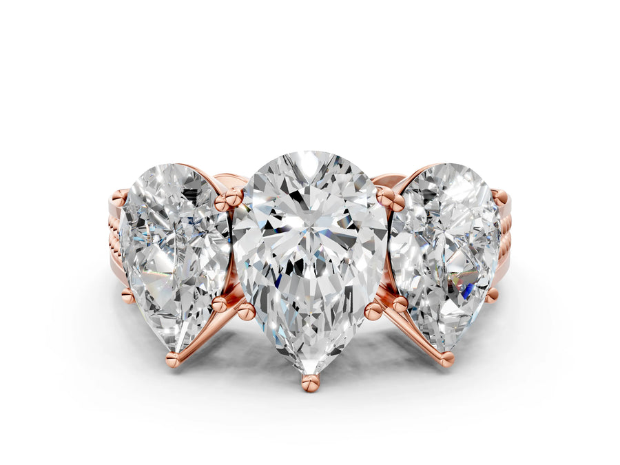 Rose gold Pear Diamond Three-Stone Ring with Prong Setting and Textured Band