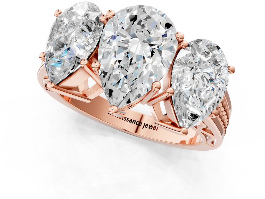 Rose gold Pear Diamond Three-Stone Ring with Prong Setting and Textured Band