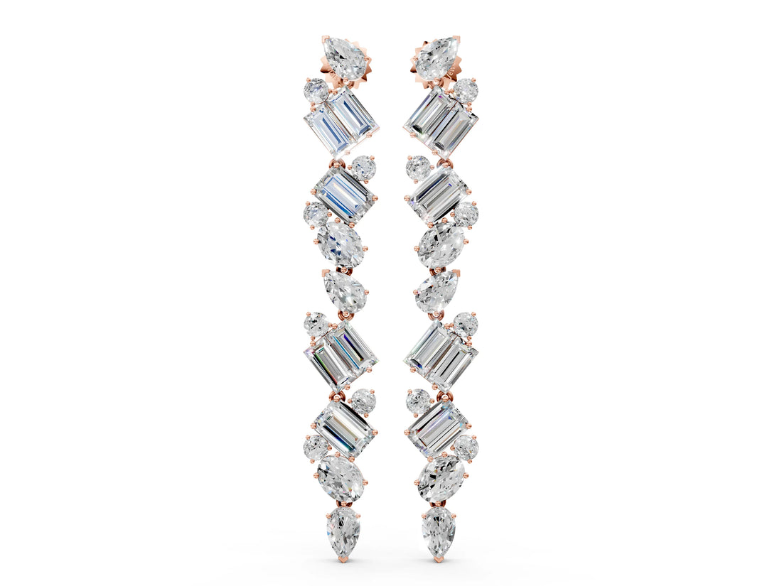 Rose gold Pear, Emerald, and Round Diamond Linear Drop Earrings_8