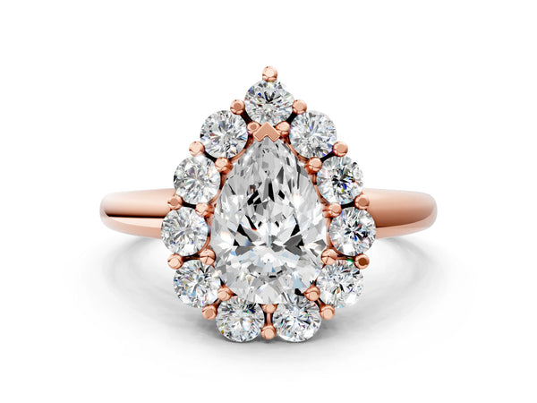 Rose gold Pear Halo Cluster Diamond Engagement Ring with Prong Setting and Polished Band