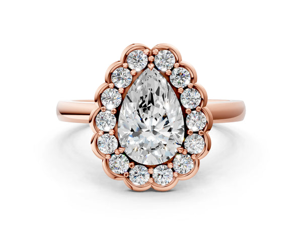 Rose gold Pear Halo Cluster Diamond Engagement Ring with Solitaire Band and Prong Setting
