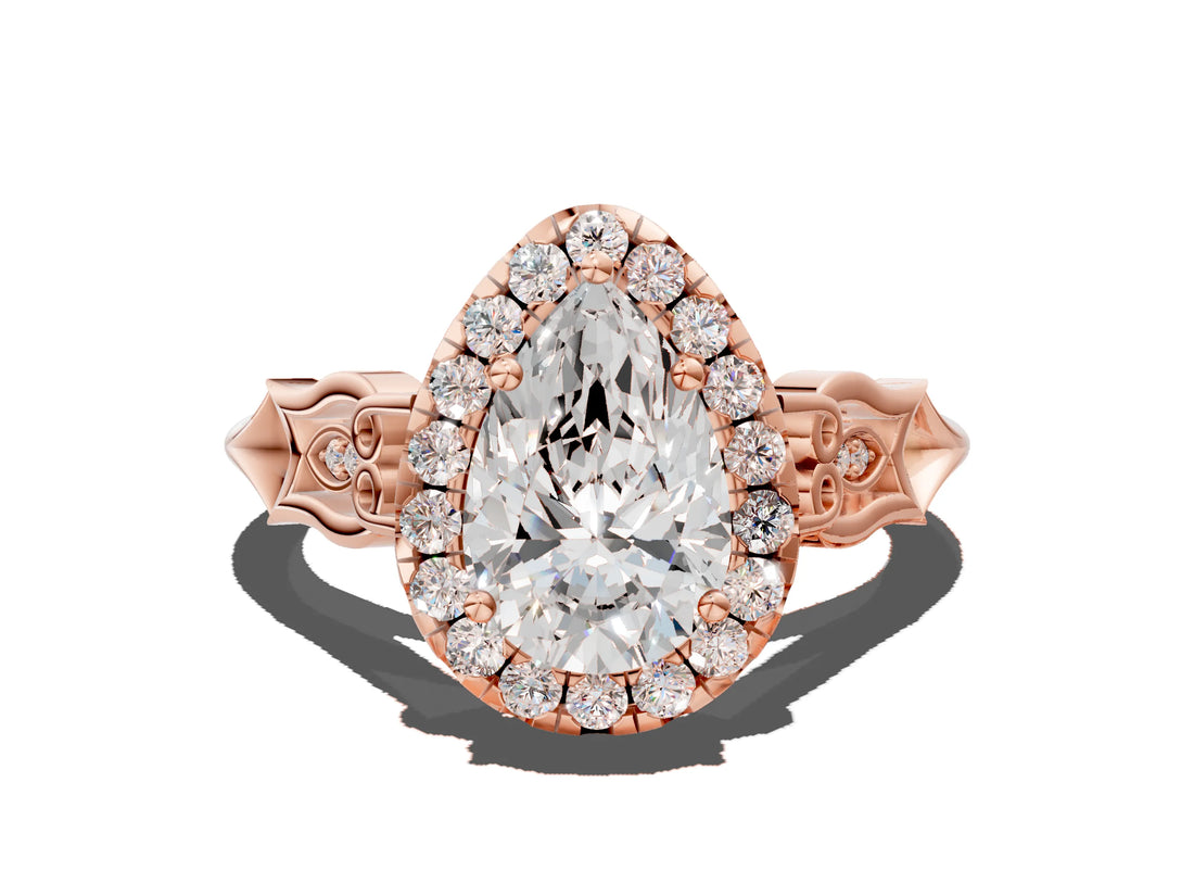 Rose gold Pear Halo Diamond Engagement Ring with Filigree Band and Four-Prong Setting_81