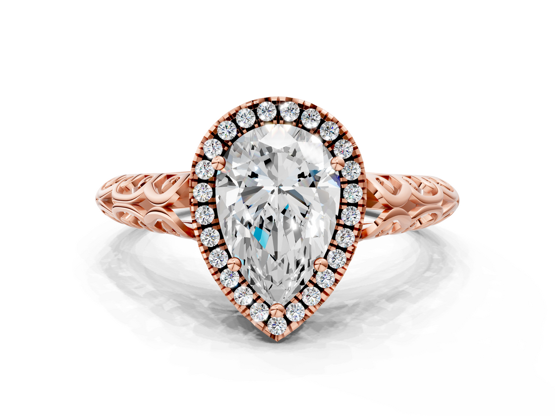 Rose gold Pear Halo Diamond Engagement Ring with Intricate Filigree Band and Four-Prong Setting_50