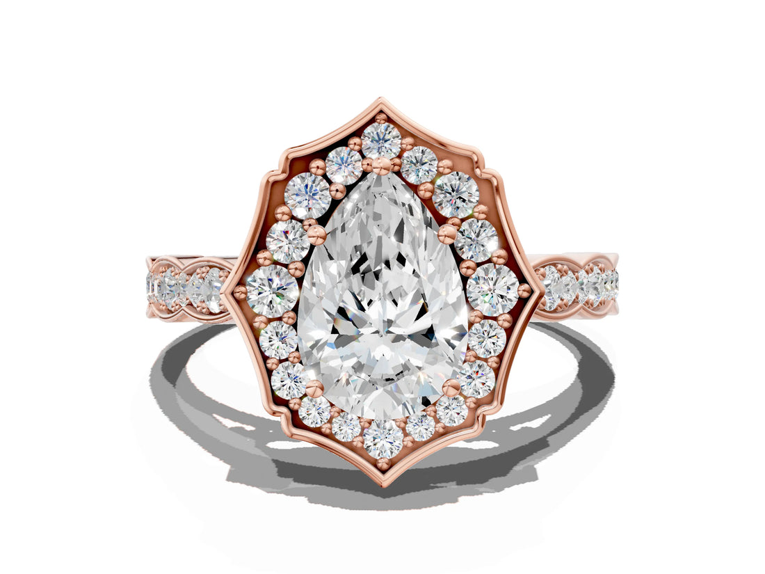 Rose gold Pear Halo Diamond Engagement Ring with Milgrain Band and Four-Prong Setting_33