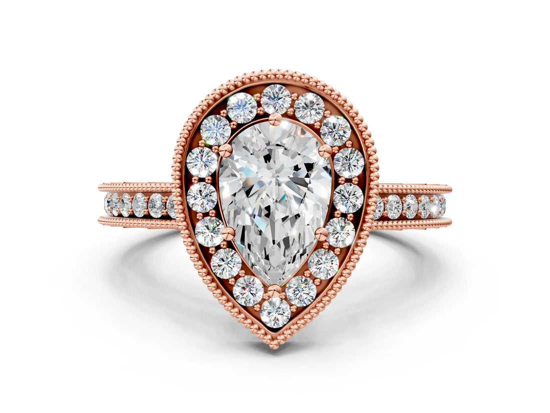 Rose gold Pear Halo Diamond Engagement Ring with Milgrain Pave Band and Four-Prong Setting_181