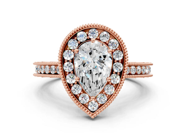 Rose gold Pear Halo Diamond Engagement Ring with Milgrain Pave Band and Four-Prong Setting