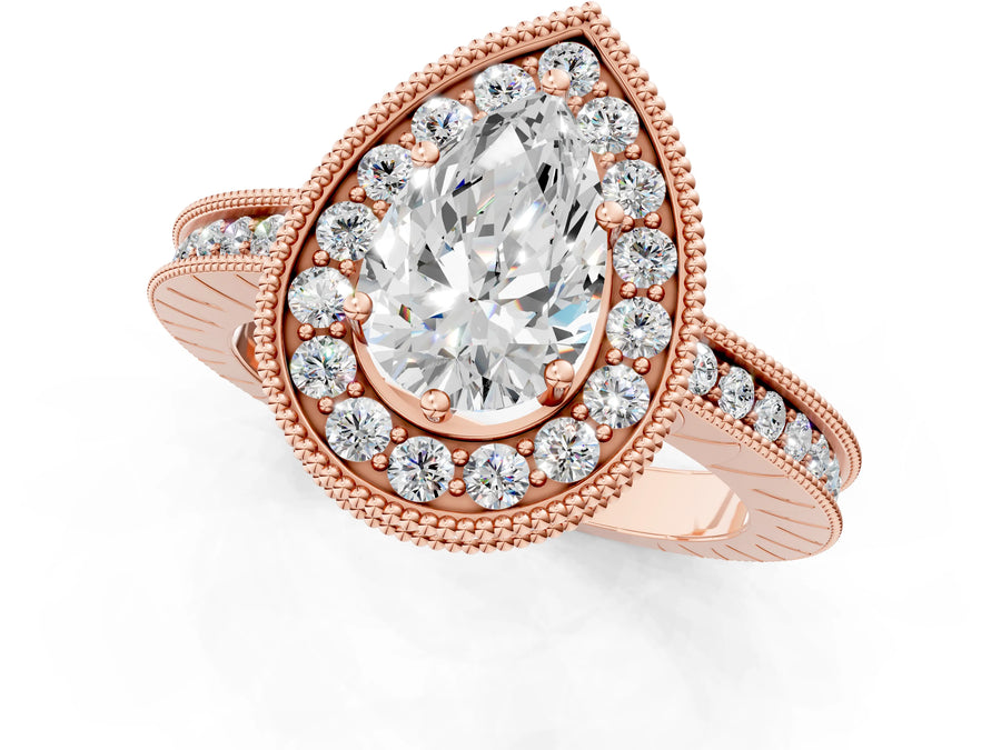 Rose gold Pear Halo Diamond Engagement Ring with Milgrain Pave Band and Four-Prong Setting