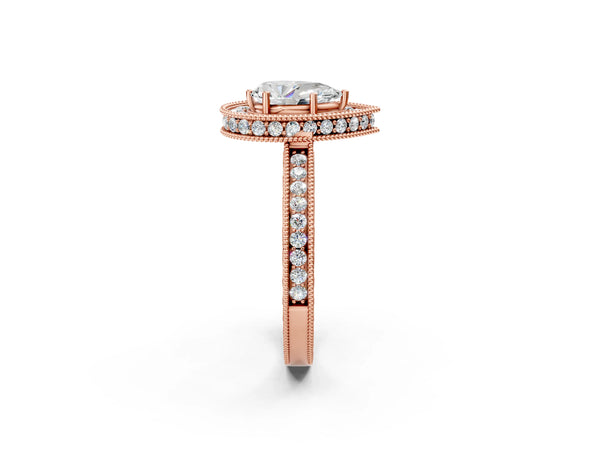 Rose gold Pear Halo Diamond Engagement Ring with Milgrain Pave Band and Four-Prong Setting