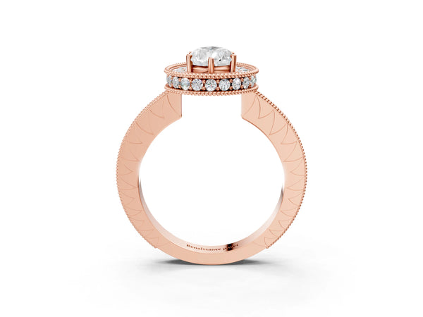Rose gold Pear Halo Diamond Engagement Ring with Milgrain Pave Band and Four-Prong Setting