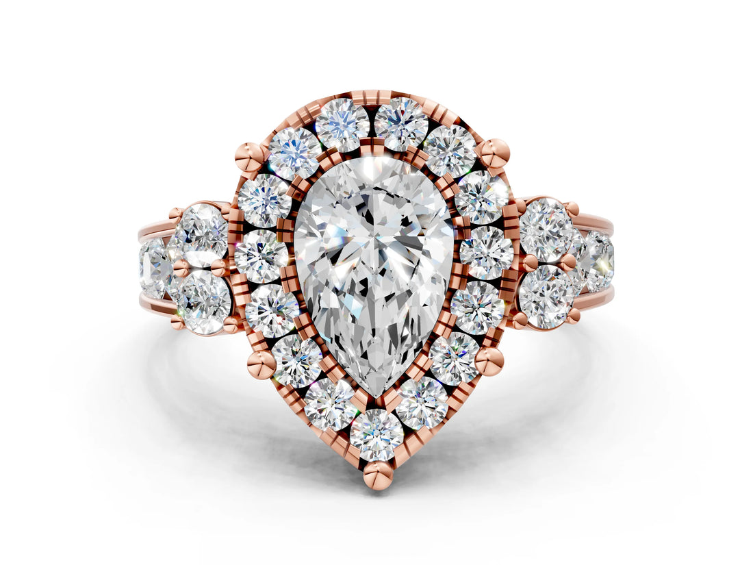 Rose gold Pear Halo Diamond Engagement Ring with Split Shank and Four-Prong Setting