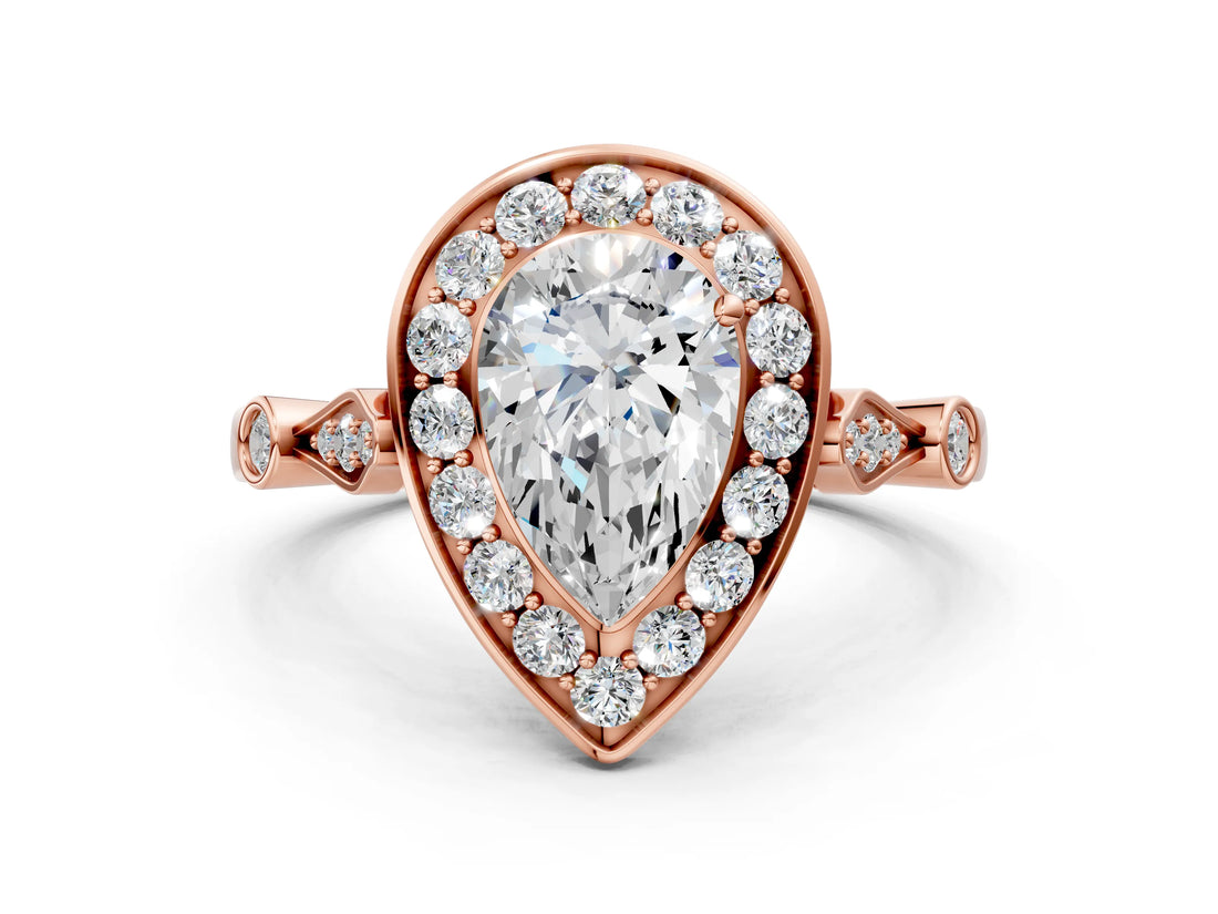Rose gold Pear Halo Diamond Engagement Ring with Twisted Band and Four-Prong Setting