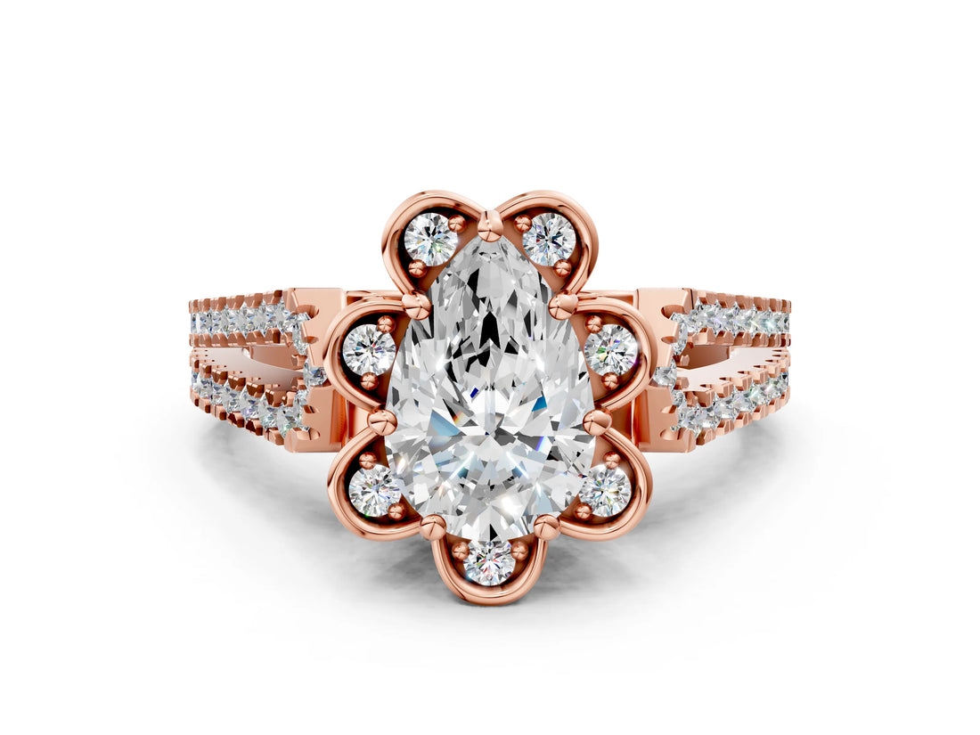 Rose gold Pear Halo Diamond Floral Split Shank Engagement Ring