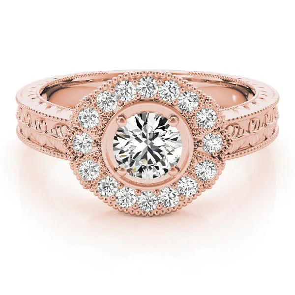 Rose gold Pear Halo Diamond Ring with Milgrain Bezel and Prong Setting