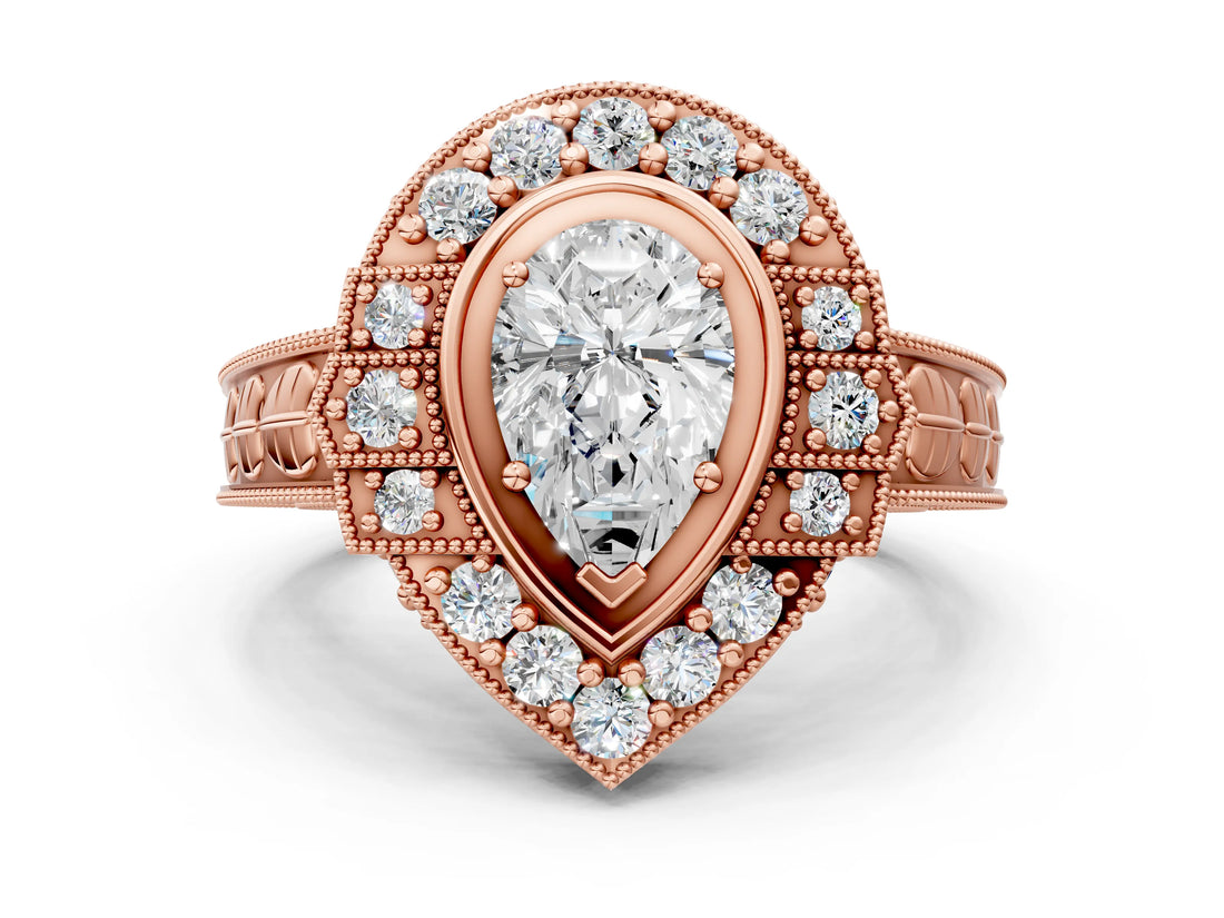 Rose gold Pear Halo Diamond Ring with Milgrain Bezel and Prong Setting_6