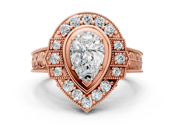 Rose gold Pear Halo Diamond Ring with Milgrain Bezel and Prong Setting