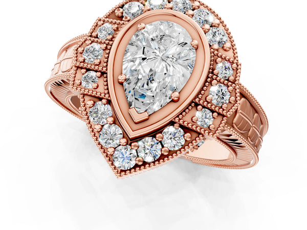 Rose gold Pear Halo Diamond Ring with Milgrain Bezel and Prong Setting