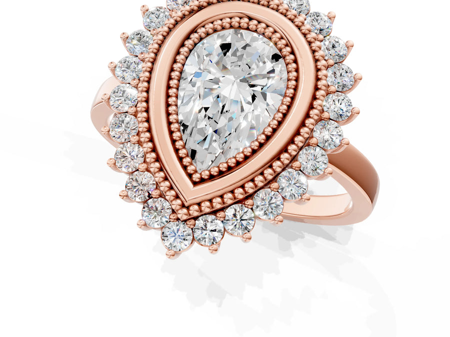 Rose gold Pear Halo Diamond Ring with Milgrain Edge and Round Prong Setting