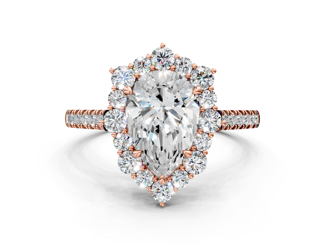 Rose gold Pear Halo Diamond Ring with Pavé Band and Prong Setting_20