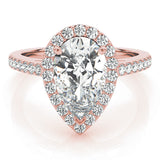 Rose gold Pear Halo Diamond Ring with Pavé Band and Three-Prong Setting 1