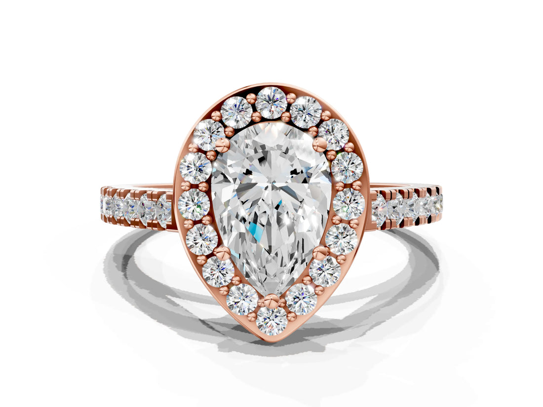 Rose gold Pear Halo Diamond Ring with Pavé Band and Three-Prong Setting_3