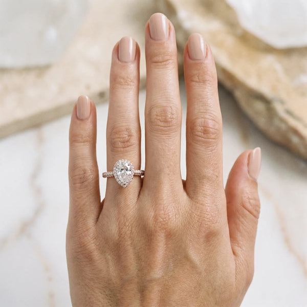 Rose gold Pear Halo Diamond Ring with Pavé Band