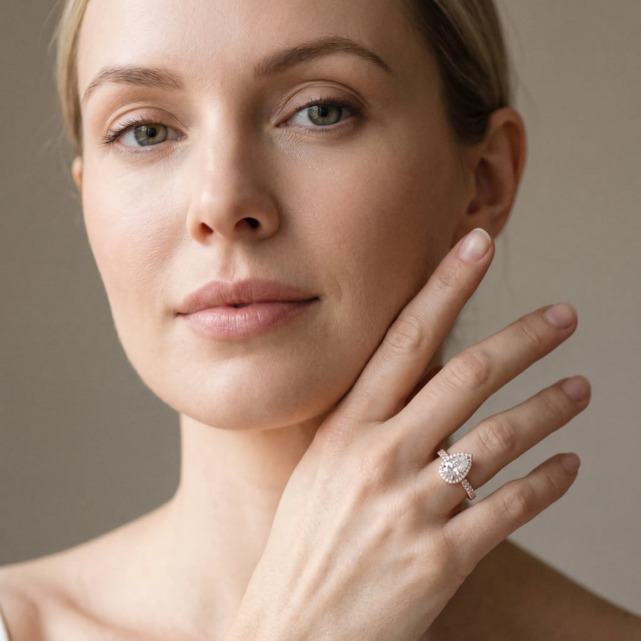 Rose gold Pear Halo Diamond Ring with Pavé Band