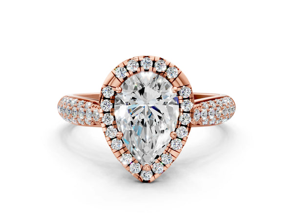Rose gold Pear Halo Diamond Ring with Pavé Band