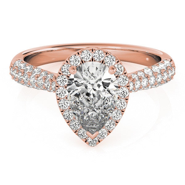 Rose gold Pear Halo Diamond Ring with Pave Band and Prong Setting 1