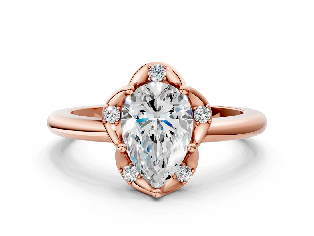 Rose gold Pear Halo Diamond Ring with Round Cluster Setting, Solitaire Band, and Four-Prong Setting_46