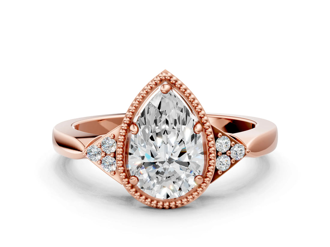 Rose gold Pear Halo Diamond Ring with Tapered Band and Four-Prong Setting_3