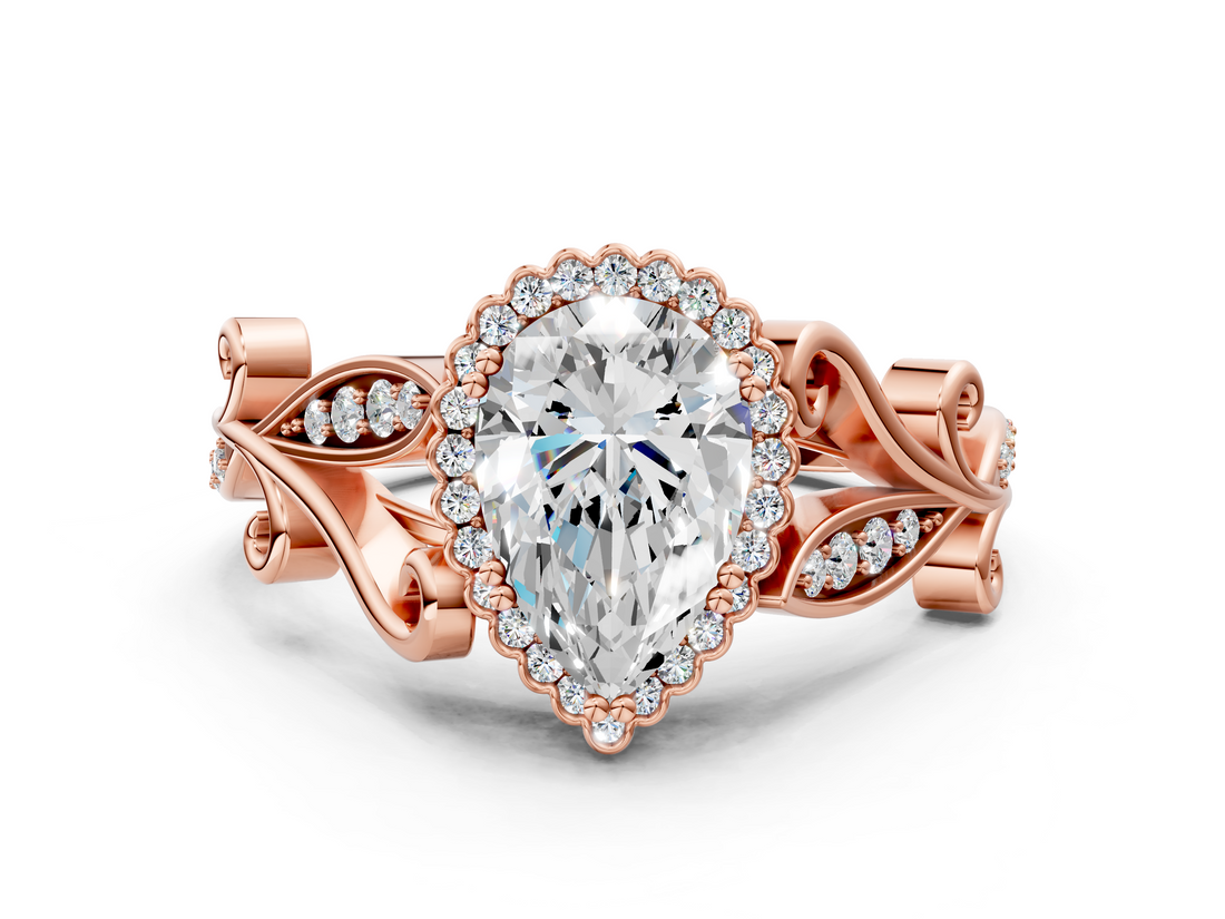 Rose gold Pear Halo Diamond Ring with Vintage Split Shank and Four-Prong Setting_20