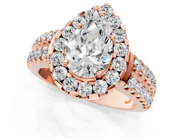 Rose gold Pear Halo Diamond Split Shank Engagement Ring with Prong Setting