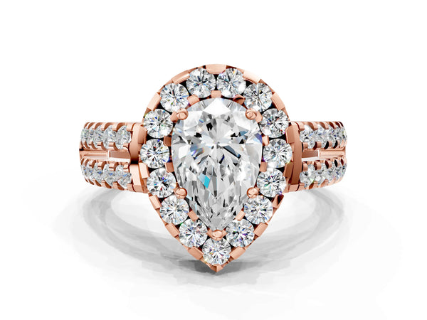 Rose gold Pear Halo Diamond Split Shank Engagement Ring with Prong Setting