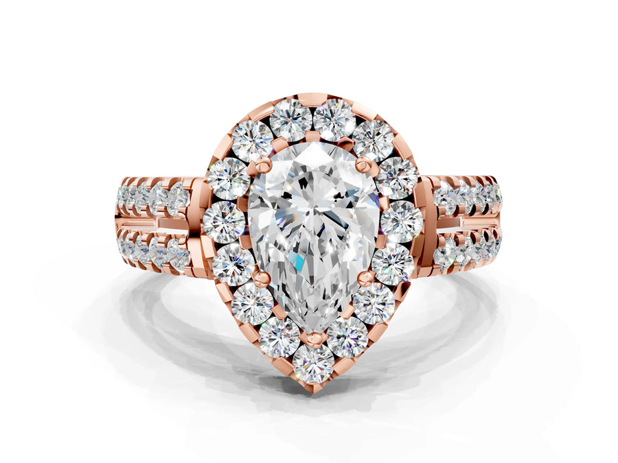Rose gold Pear Halo Diamond Split Shank Engagement Ring with Prong Setting