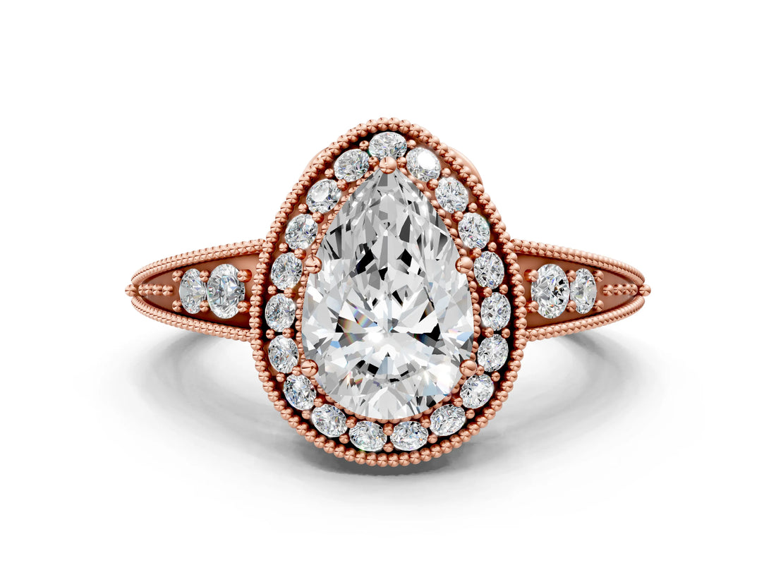 Rose gold Pear Halo Diamond Split Shank Ring with Milgrain Detail_49