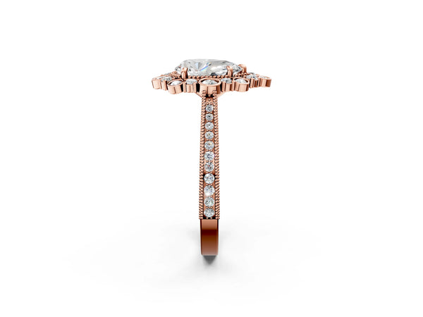 Rose gold Pear Halo Milgrain Pave Diamond Ring with Four-Prong Setting