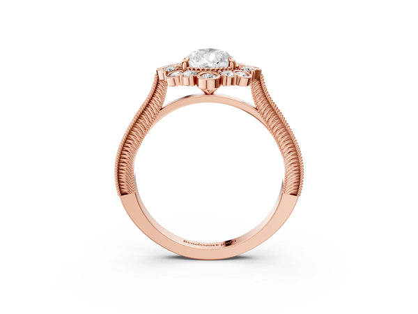 Rose gold Pear Halo Milgrain Pave Diamond Ring with Four-Prong Setting