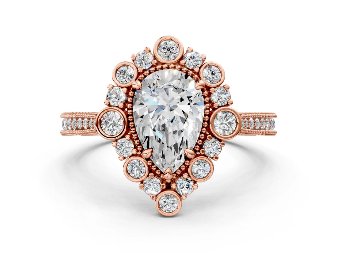 Rose gold Pear Halo Milgrain Pave Diamond Ring with Four-Prong Setting