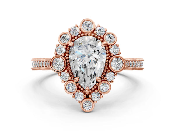 Rose gold Pear Halo Milgrain Pave Diamond Ring with Four-Prong Setting