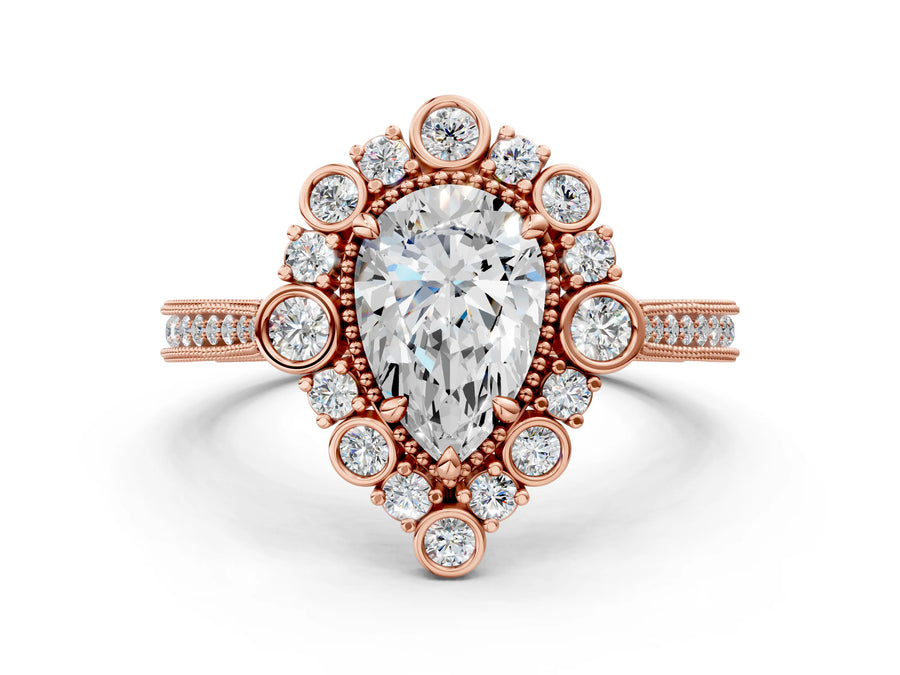 Rose gold Pear Halo Milgrain Pave Diamond Ring with Four-Prong Setting