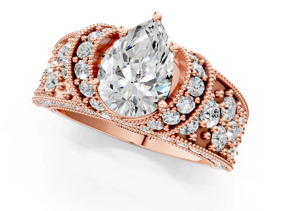 Rose gold Pear Halo Pave Diamond Engagement Ring with Milgrain Detailing