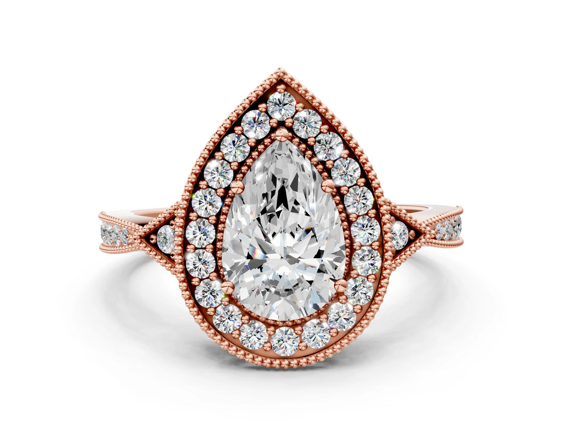 Rose gold Pear Halo Round Diamond Milgrain Pave Engagement Ring_9