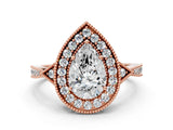 Rose gold Pear Halo Round Diamond Milgrain Pave Engagement Ring_9