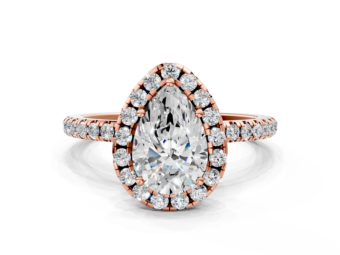 Rose gold Pear Halo Round Diamond Pavé Band Four-Prong Ring_3