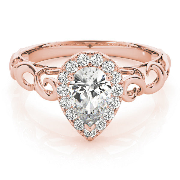 Rose gold Pear Halo Scrollwork Engagement Ring with Prong Setting 1