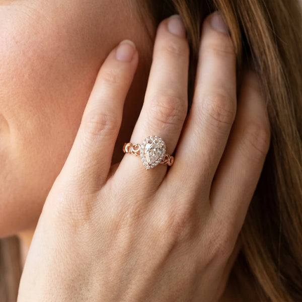 Rose gold Pear Halo Scrollwork Engagement Ring with Prong Setting