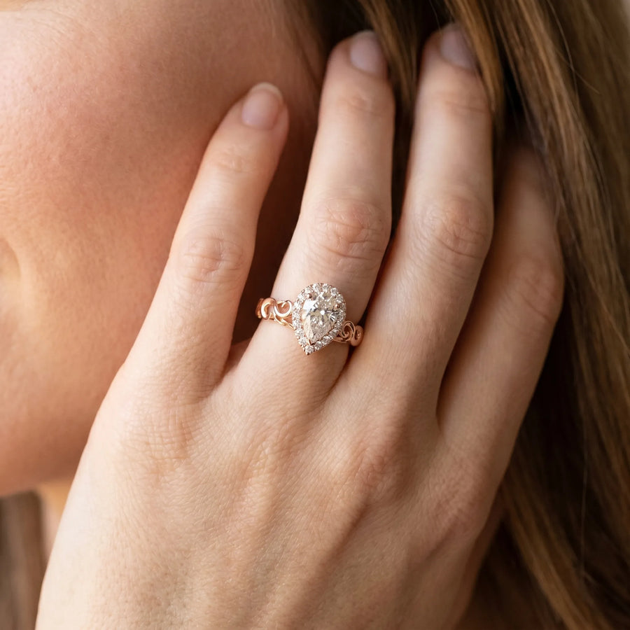 Rose gold Pear Halo Scrollwork Engagement Ring with Prong Setting
